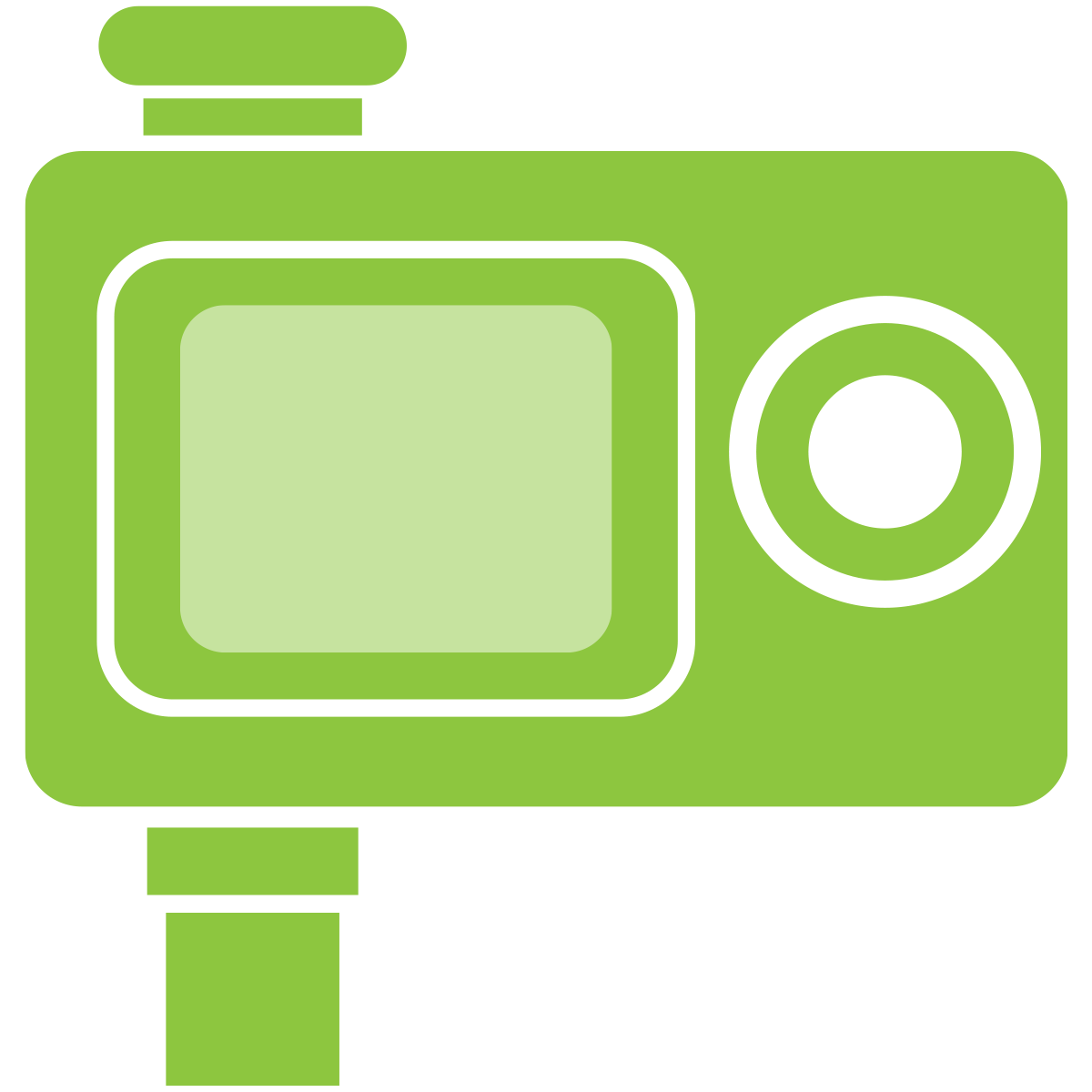 This is a simplified, stylized green icon of a camera, with a large rectangular screen, a circular lens on the right, and a mount or stand below.