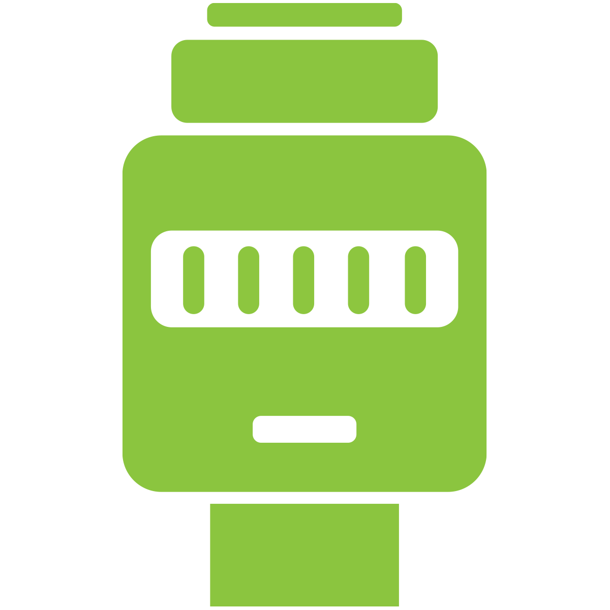 The image shows a simplistic, green icon of a smartwatch with a screen displaying battery level. It has a rectangular face and band.