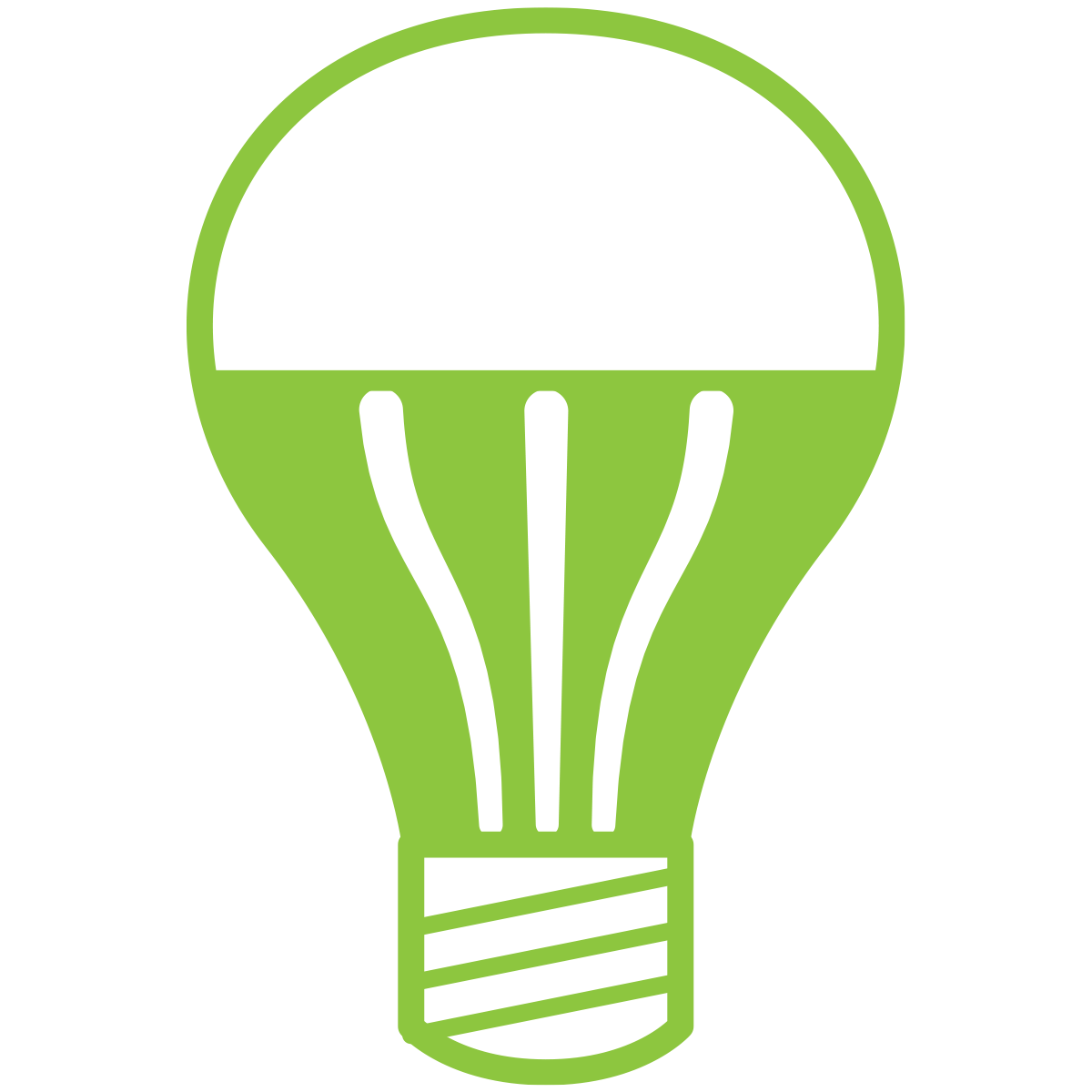 This is a simple, stylized graphic of a light bulb with a bright green color. The design is flat with a black background, signifying eco-friendliness or energy efficiency.