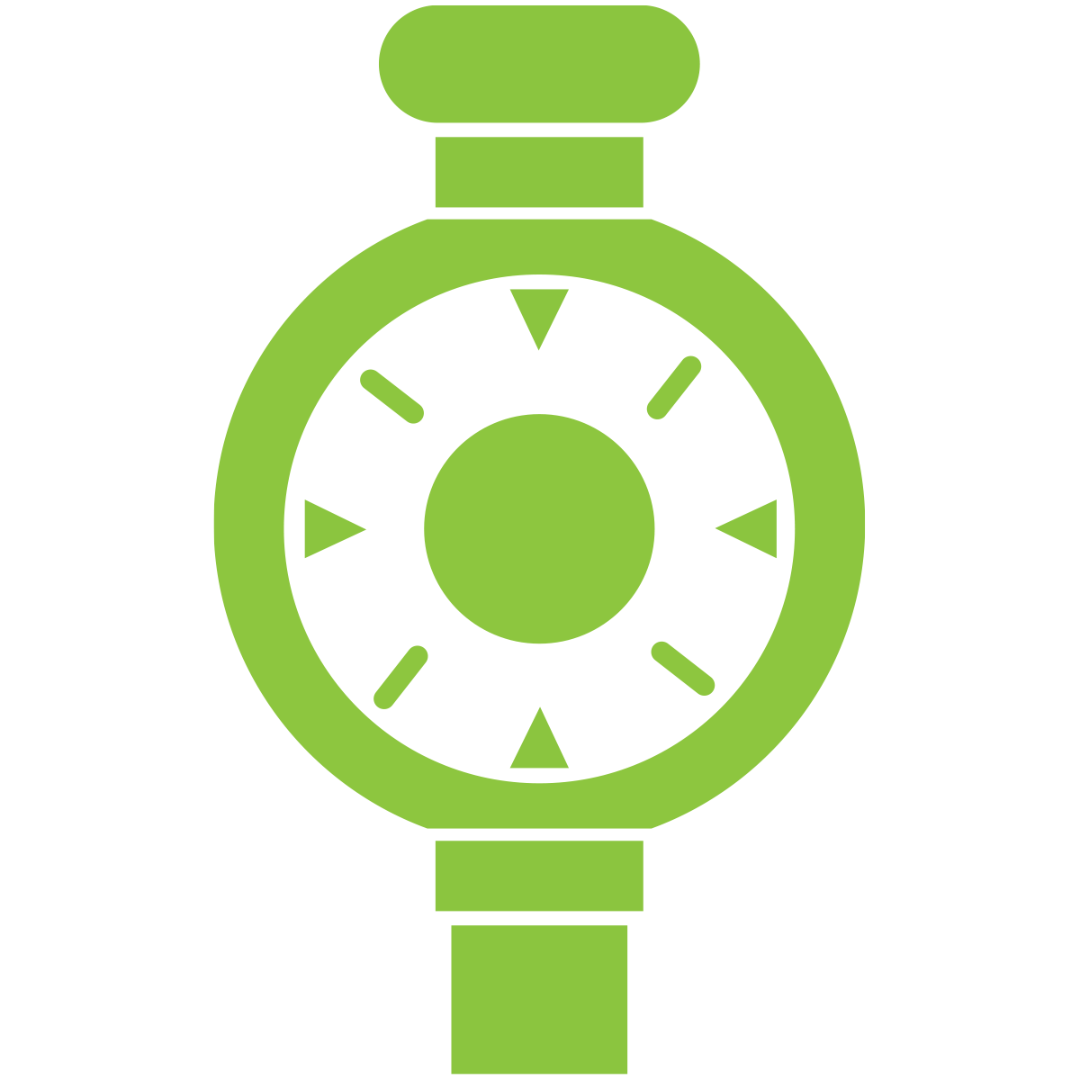 This is a simplistic, stylized illustration of a green wristwatch with a circular face, index markers, and no visible hands on a black background.