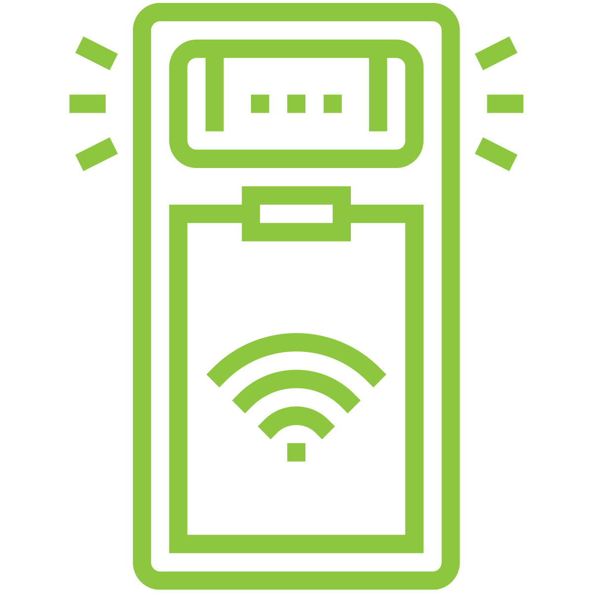 This image shows a neon green silhouette of a wireless router or modem with signal strength indicators at the top and a Wi-Fi symbol below.