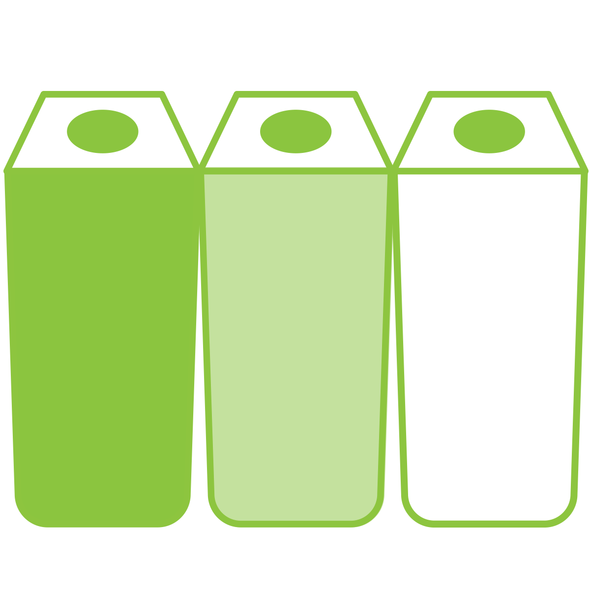 The image depicts three cartons in shades of green, with a gradient from light to dark left to right, against a black background.