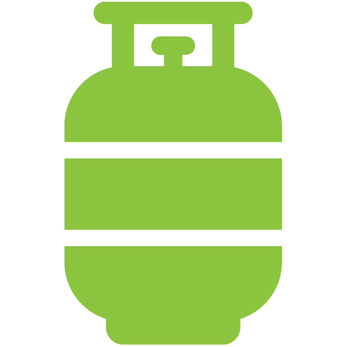 This is a simple, flat-design image of a green propane gas cylinder with two black bands, commonly used for fuel in cooking and heating.