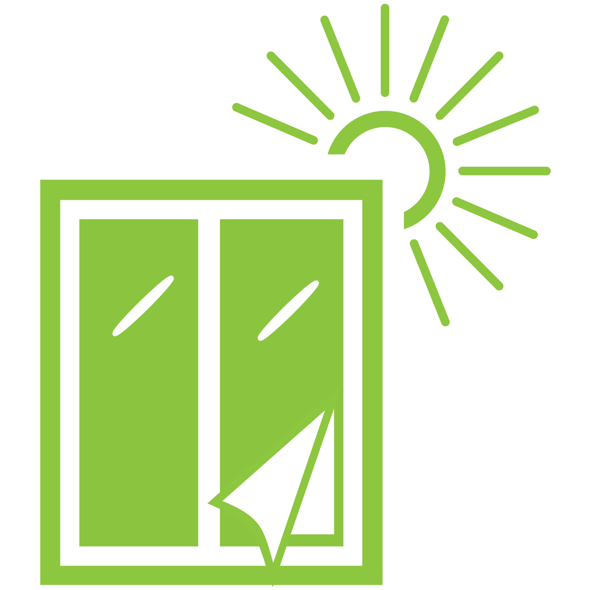 This is a stylized graphic of a green window with one pane slightly open. There's a white outline and a simplified illustration of the sun outside.