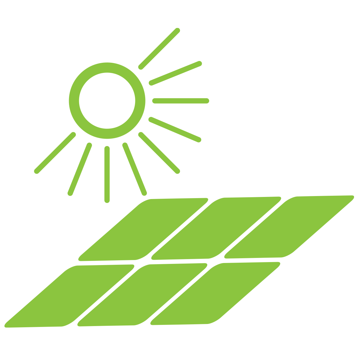 The image depicts a stylized yellow sun with rays above a row of green solar panels, symbolizing solar energy, on a black background.