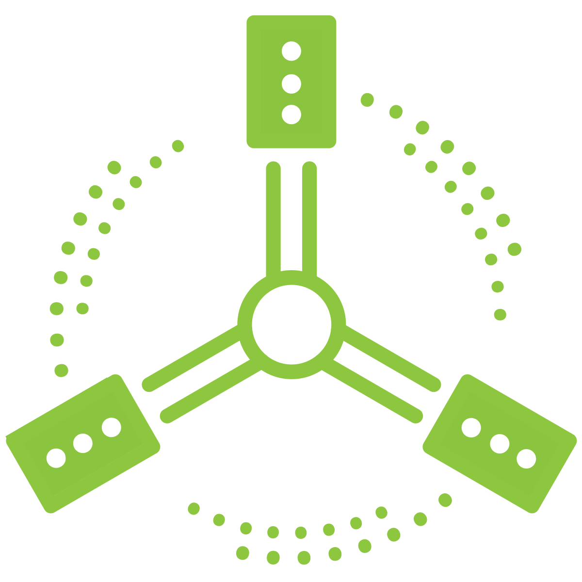 This is a stylized green and black image showing three dice connected by lines with dotted arcs suggesting rotation or probability, commonly representing randomness or gaming concepts.