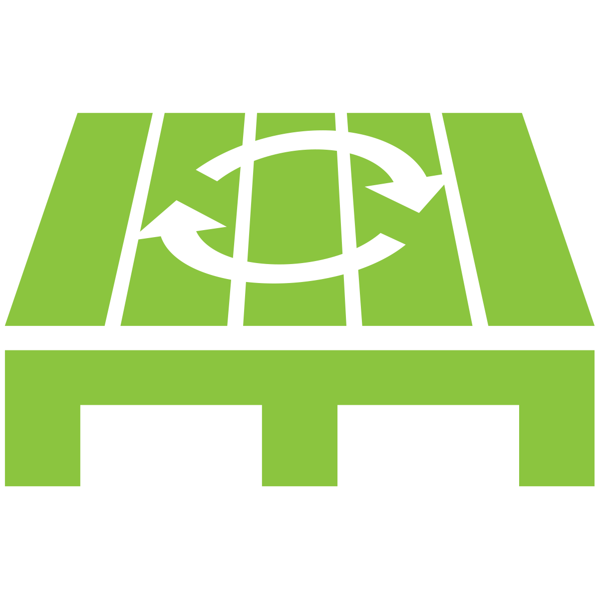 This is a graphic of a green tennis court with white curved arrows forming a circle, symbolizing rotation or exchange, possibly indicating player movement or game strategy.