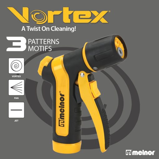 This is an advertisement for a "Vortex" garden hose nozzle by Melnor with a black and yellow color scheme, highlighting its three spray patterns: vortex, fan, and jet.