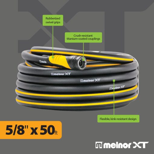 The image features a black and yellow 5/8 inch by 50-foot garden hose with titanium-coated couplings and rubberized grips, advertised as kink-resistant.