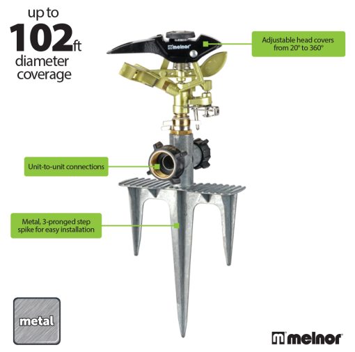 This image shows a metal Melnor tripod sprinkler with adjustable head coverage up to 360 degrees and a 102-foot diameter coverage claim.