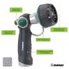 This image displays a Melnor brand metal garden hose nozzle with features highlighted, such as thumb control, eight spray patterns, hanging loop, and insulated grip.