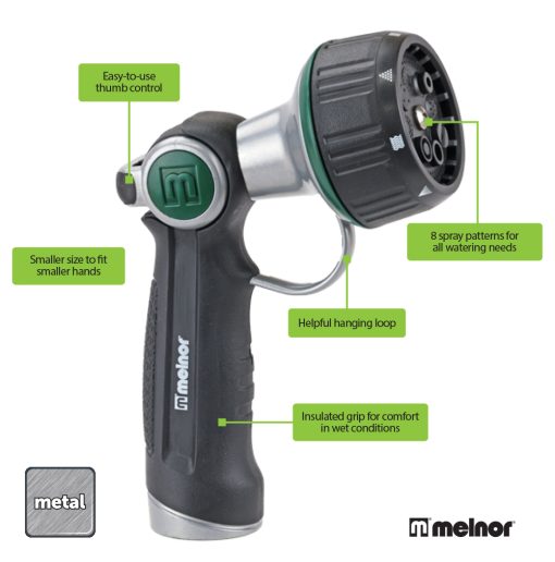 This image displays a Melnor brand metal garden hose nozzle with features highlighted, such as thumb control, eight spray patterns, hanging loop, and insulated grip.