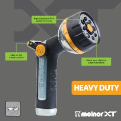 This image shows a heavy-duty Melnor XT metal garden hose nozzle with 8 spray patterns and easy-to-use thumb control, highlighted for durability.